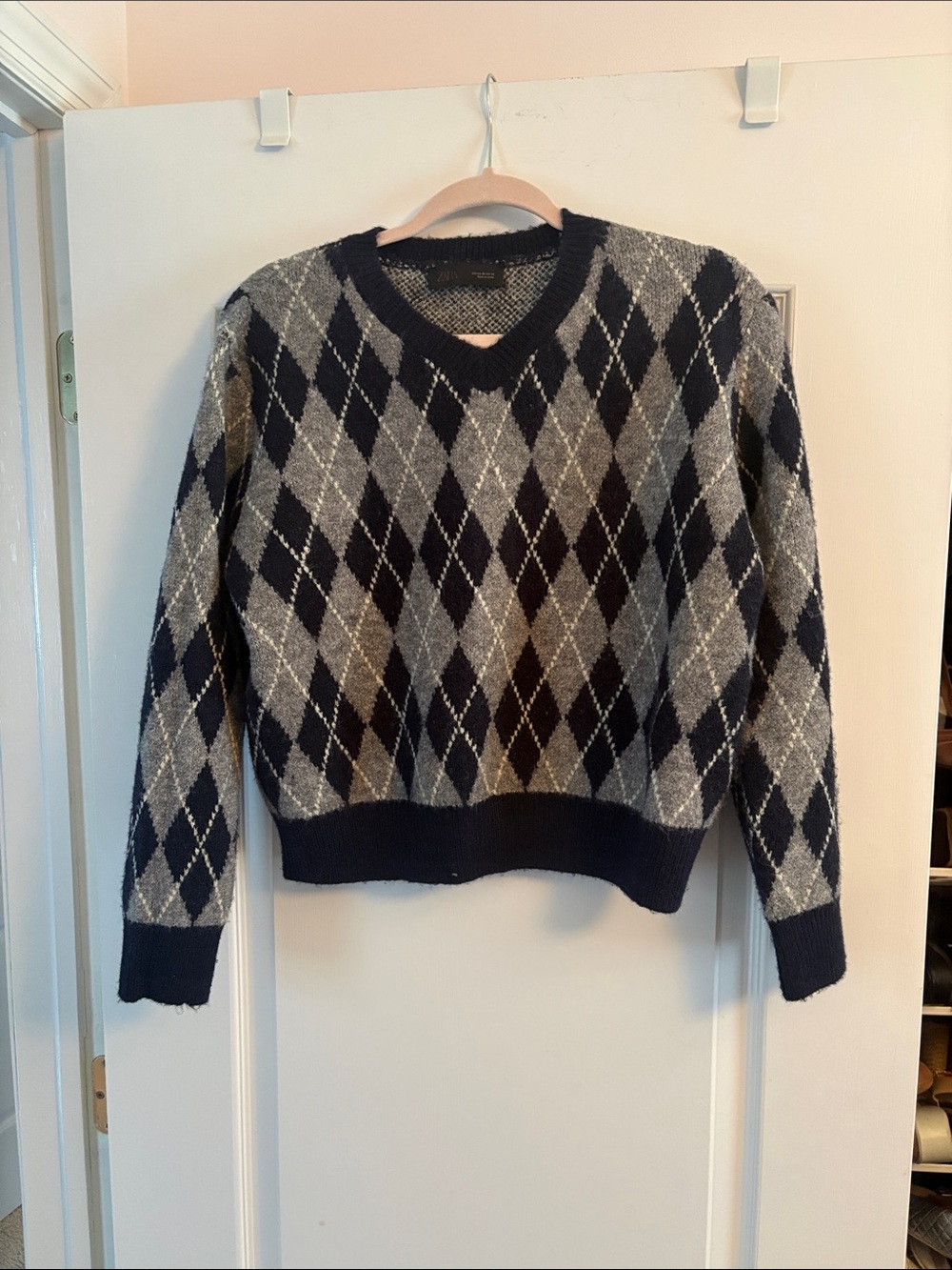 Zara Argyle V-Neck Sweater - Navy & Gray